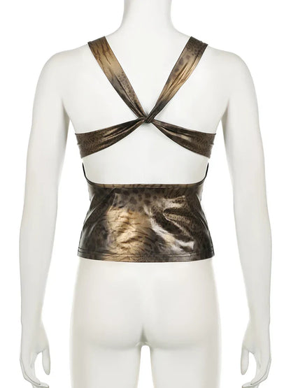 Voguable Vintage Leopard Print Camisole Y2K Aesthetic Sleeveless Crop Tops Coquette Tank Top Harajuku