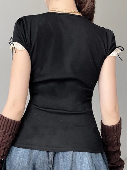 Sweet Y2K Contrast Lace Patchwork Square Collar Black T-Shirt Women Short Sleeve Basic Balletcore Cute Summer Tops