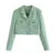 Retro French Style Green Check Plaid Weavon Cropped Blazer Women Notched Metal Buckle Buttons High Waist Suit Short Coat Outwear
