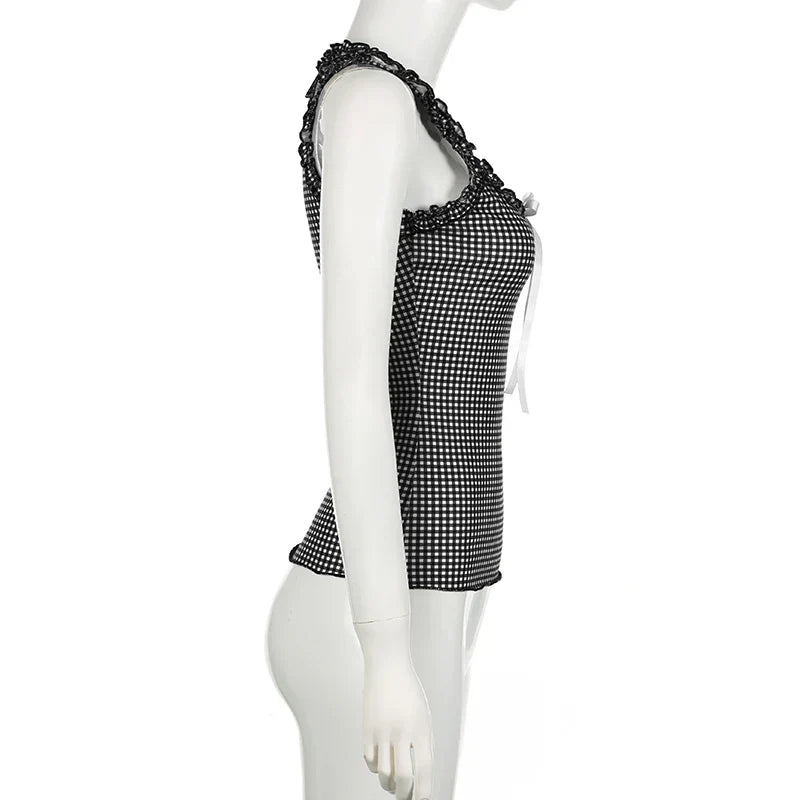 Voguable Y2K Checkerboard Tank Top Ruffle Square Collar Plaid Sleeveless Tops Coquette Aesthetic Contrast Bow Slim-fit Camisole