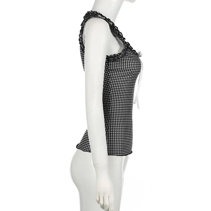 Voguable Y2K Checkerboard Tank Top Ruffle Square Collar Plaid Sleeveless Tops Coquette Aesthetic Contrast Bow Slim-fit Camisole