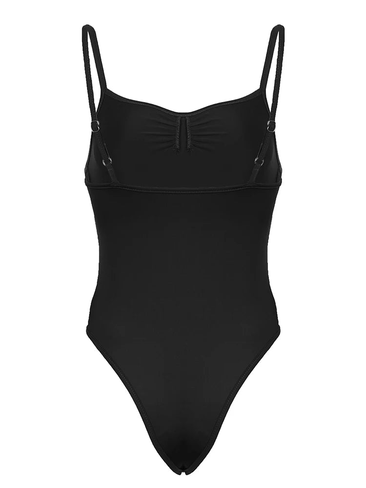 Sleeveless Skinny Shirring Skinny Sexy Spaghetti Strap Bodysuit For Women Black Solid Simple Basic Vacation Camisole