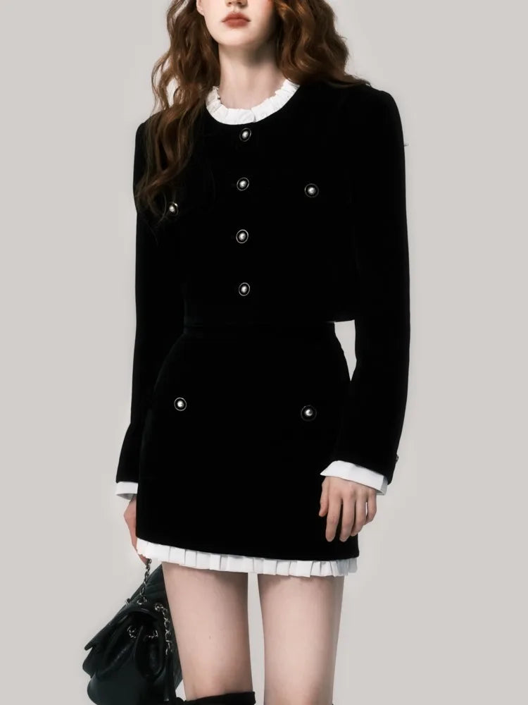 Elegant Black Velvet Two-piece Skirt Sets Long Sleeve Cropped Top Bodycon Mini Skirt Ruffles Korean Fashion Autumn Spring Outfit