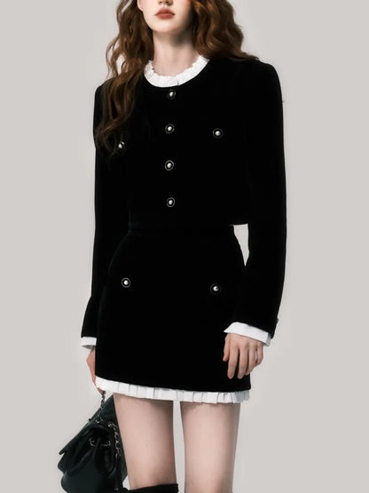 Elegant Black Velvet Two-piece Skirt Sets Long Sleeve Cropped Top Bodycon Mini Skirt Ruffles Korean Fashion Autumn Spring Outfit