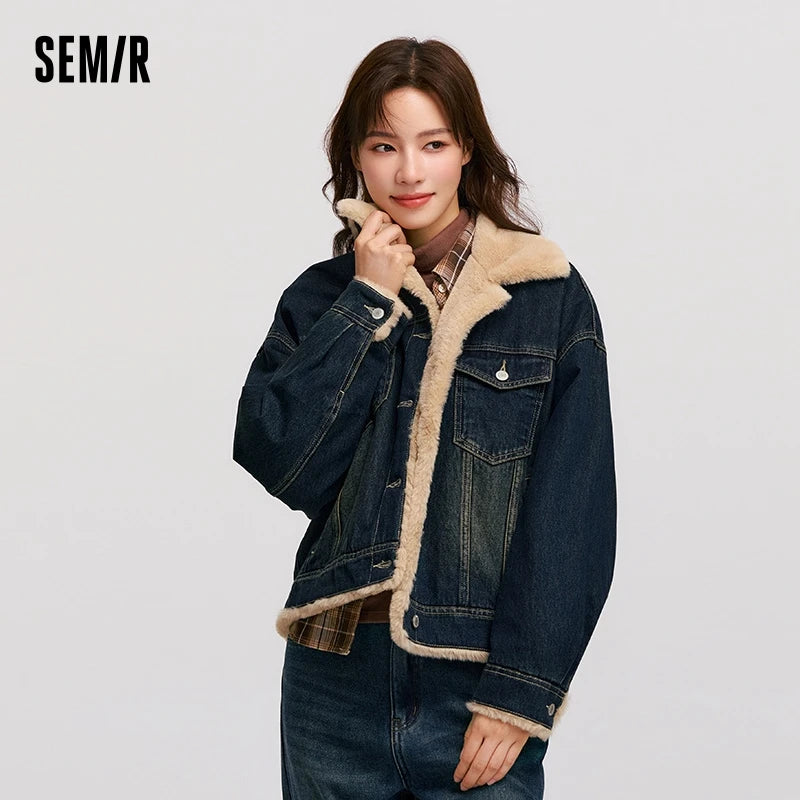 Denim Jacket Women Patchwork Imitation Rabbit Fur Lapel Loose  New Winter Quilted Jacket