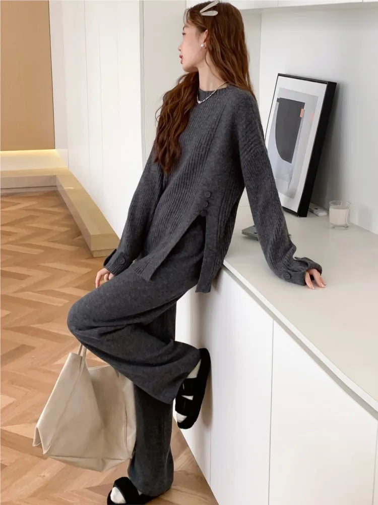 Women’s Knitted 2-Piece Set Tracksuit Autumn Winter O-neck Pullover Sweater Wide Leg Pants Harajuku Warm Solid Casual Suit New