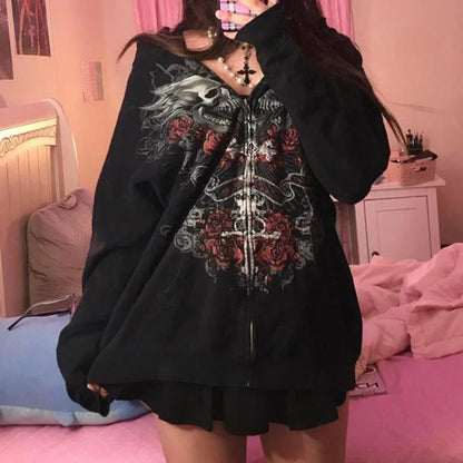 Indie Grunge Graphic Print Zip Up Hoodie Y2K Vintage Clothes Harajuku Grunge Baggy Sweatshirt Korean Kawaii Goth Mall Emo Jacket