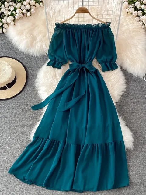 Beach Dress Women Sexy Off The Shoulder Slash Beach Chiffon Dresses Ladies Elegant A Line Bandage Party Dress Long Robe
