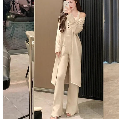 Autumn Winter New Knitted 3-piece Set Women Halter Vest Long Cardigan Long Pants Casual Solid Korean Fashion Female Outfits