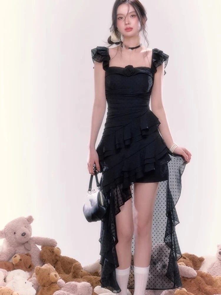 Y2K Irregular Ruffles Midi Dresses for Women Sleeveless Birthday Party Dress Prom Robe Korean Chic Summer New One Piece Vestido