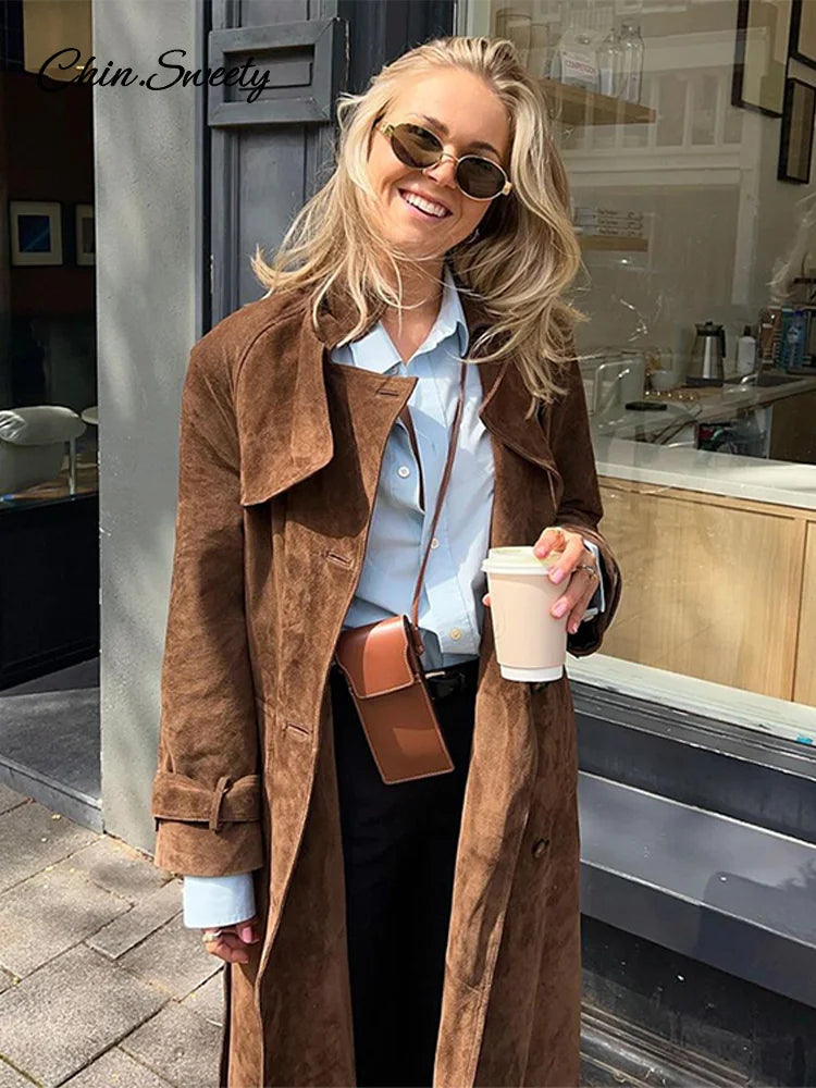 Elegant Suede Long Trench Coat Women Belt Double Breasted Full Sleeve Brown Windbreaker  Autumn Lady Street Outwears New