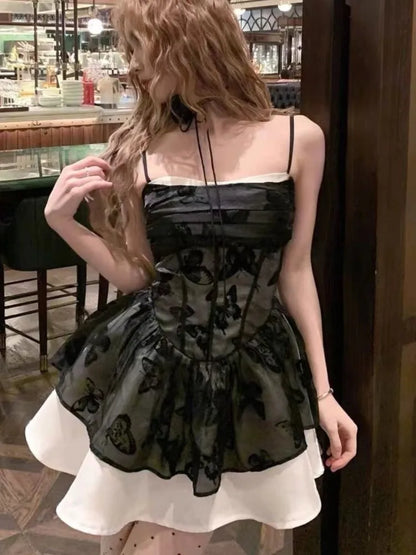Y2K Spaghetti Strap Lace Patchwork Ruffles A-line Short Dresses for Women Summer Party Dress Korean Fashion One Piece Vestido