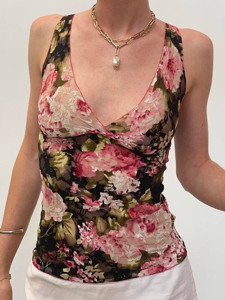 Sweetown French Romantic Colorful Floral Print Lace Vest Sleeveless V Neck Slim Elegant Sexy Summer Vacation Boho Tank Top Women