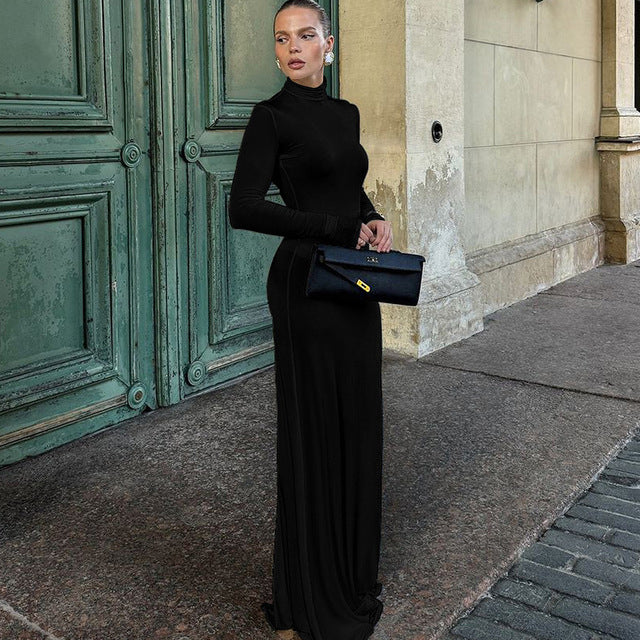 Turtleneck Long Sleeve Maxi Dress Women Gown Autumn Winter New Solid Sexy Long Dress Femme Fashion Floor-length Dress