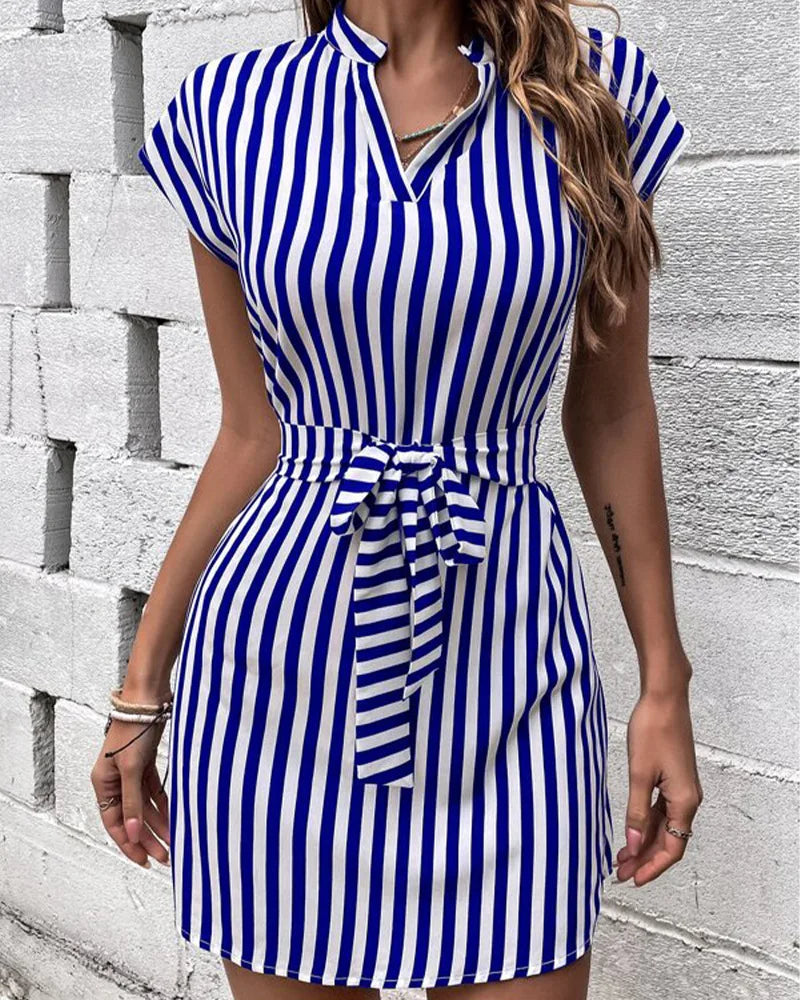 Women Spring Summer Style A-Line Dress Lady Casual Sleeveless Turn-down Collar Striped Printed Dress Vestidos