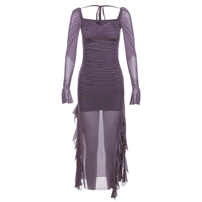 Y2k Gentle Temperament Ruffled Square Collar Slit Dress FeCross-Border Solid Color Long Sleeve Strap Wrapped Hip Long Dress