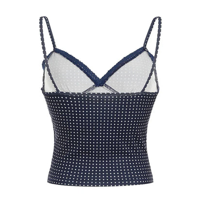 y2k Polka Dot Crop Top Casual Lace Stitching Sleeveless Skinny Strap Tops Basic Camisole Streetwear Tees Aesthetic