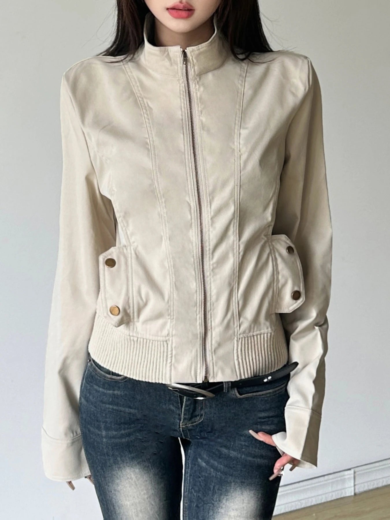 Solid Slim Basic Jacket Women S Autumn Winter New All-Match Harajuku Zipper Coat Causal Simple