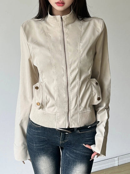 Solid Slim Basic Jacket Women S Autumn Winter New All-Match Harajuku Zipper Coat Causal Simple