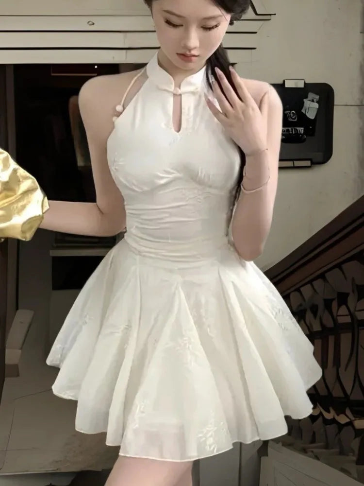 New Chinese Style Halter Short Dresses for Women Sleeveless High Waist A-line Party Dress Elegant Summer One Piece Vestido Mujer