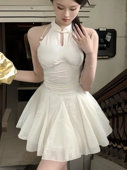 New Chinese Style Halter Short Dresses for Women Sleeveless High Waist A-line Party Dress Elegant Summer One Piece Vestido Mujer