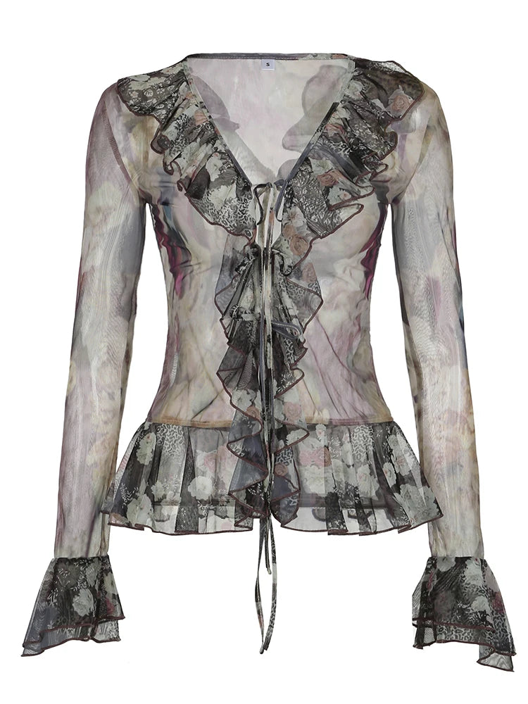 Vintage Floral Print Ruffles Mesh Shirts Women See Through Sexy Ruffle Sleeve Open Stitch Lace-Up Aesthetic Clothes