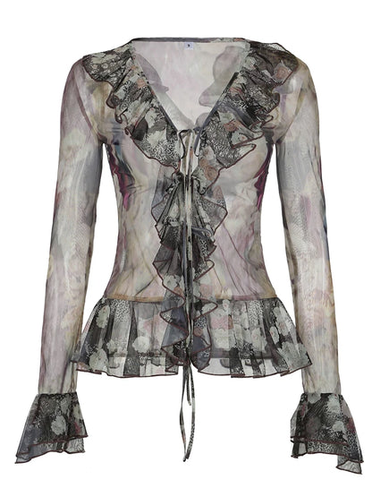 Vintage Floral Print Ruffles Mesh Shirts Women See Through Sexy Ruffle Sleeve Open Stitch Lace-Up Aesthetic Clothes