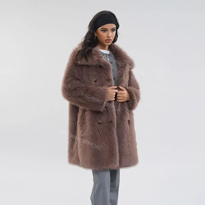 Luxury Brand Belted Long Fluffy Faux Fur Coat Women  Winter Thicken Warm Lapel Fox Fur Collar Furry Jacket Overcoat