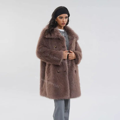 Luxury Brand Belted Long Fluffy Faux Fur Coat Women  Winter Thicken Warm Lapel Fox Fur Collar Furry Jacket Overcoat
