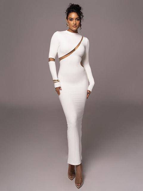 Turtleneck Long Sleeve Bodycon Maxi Dress For Women Autumn New Patchwork Hollow Out Club Party Sexy Long Dress Vestidos