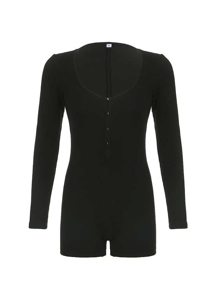 Hollow Hook Front Skinny Sexy Black Rompers Womens Black Solid O Neck Long Sleeve Autumn Winter Playsuit Basic Baddie Outfits