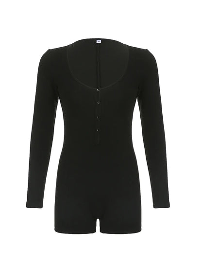 Hollow Hook Front Skinny Sexy Black Rompers Womens Black Solid O Neck Long Sleeve Autumn Winter Playsuit Basic Baddie Outfits