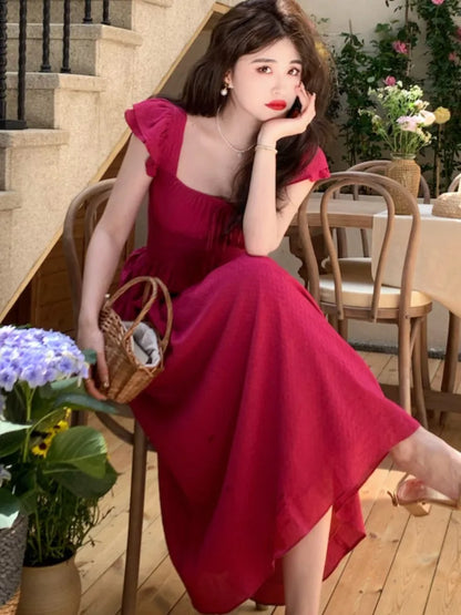 Elegant Vintage Midi Dresses for Women Summer New Square Collar High Waist Princess Party Dress Casual A-line Vestido Mujer