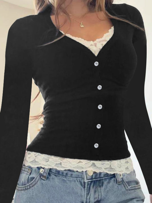 Contrast Lace Patchwork Cute Y2K Slim Long Sleeve Black T-Shirts Women Button Up V Neck Basic Spring Autumn Tee