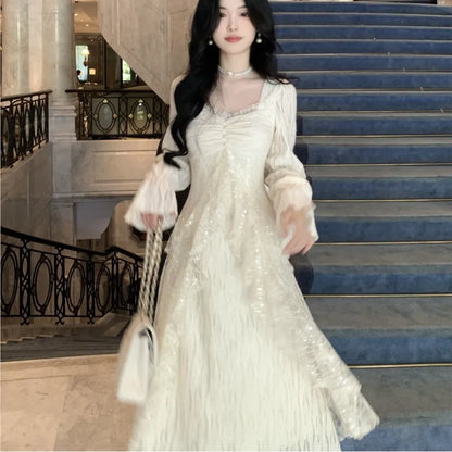 Autumn Winter New Elegant Midi Dresses for Women Lace Ruffles Flare Sleeve A-line Birthday Party Dress Korean Vestidos Mujer