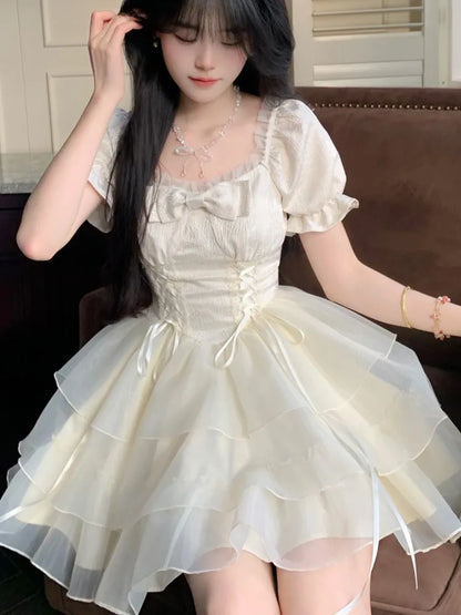 Elegant Mesh Layered Ruffles A-line Short Dresses for Women Square Collar Princess Birthday Party Dress Gown One Piece Vestido