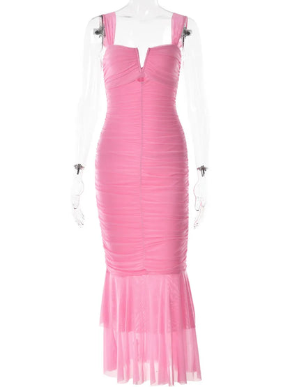 Hollow Out Backless Ruched Maxi Dress For Women Mesh Elegant Spaghetti Strap Sleeveless Bodycon Party Long Dress