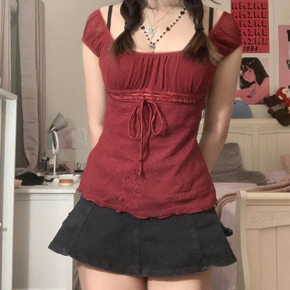 Elegant Lady Square Collar T-shirt Kawaii Bow Short Sleeve Pullovers Tees Y2K Vintage Fairy Grunge Crop Top Retro Clothes