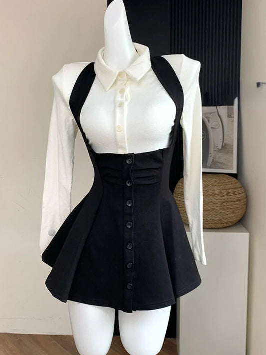 Voguable Korean Y2k Two Piece Sets Outfits Office Skirt Sets Lapel Cardigan Crop Tops + Suspender Mini Skirt Elegant Clothes