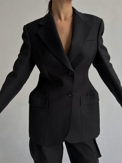 Black Lapel Suit Outwear For Women Pocket Long Sleeve Elegant Commute Patchwork Coat Female High Waist Autumn Blazers 2025