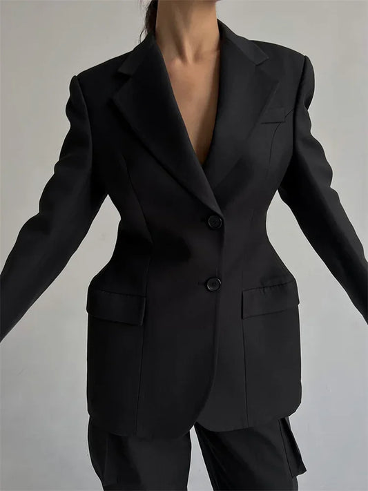 Black Lapel Suit Outwear For Women Pocket Long Sleeve Elegant Commute Patchwork Coat Female High Waist Autumn Blazers 2025