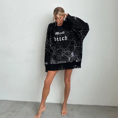 Sweater  and Winter Hollow Out Casual Loose Round Neck Printed Pullover Y2k Knit Tops for Women