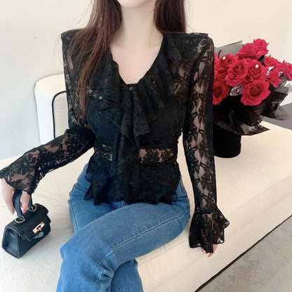 y2k Lace Blouse Women Coquette Clothes Sheer See Through Ruffle Flared Long Sleeve Shirt Top 2000s Clothing Streetwear