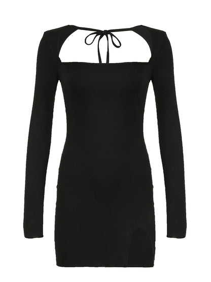 Backless Lace-Up Slim Sexy Black Short Dress Women Square Collar Solid Split Elegant Basic Long Sleeve Baddie Clubwear
