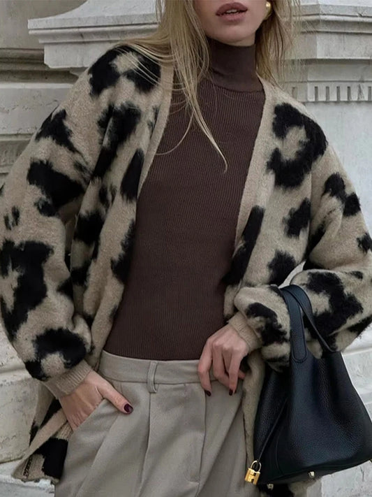 Retro Knitted Leopard Cardigan Women Casual V-neck Soft Open Sweaters Female Autumn Versatile Elegant High Street Knitwear