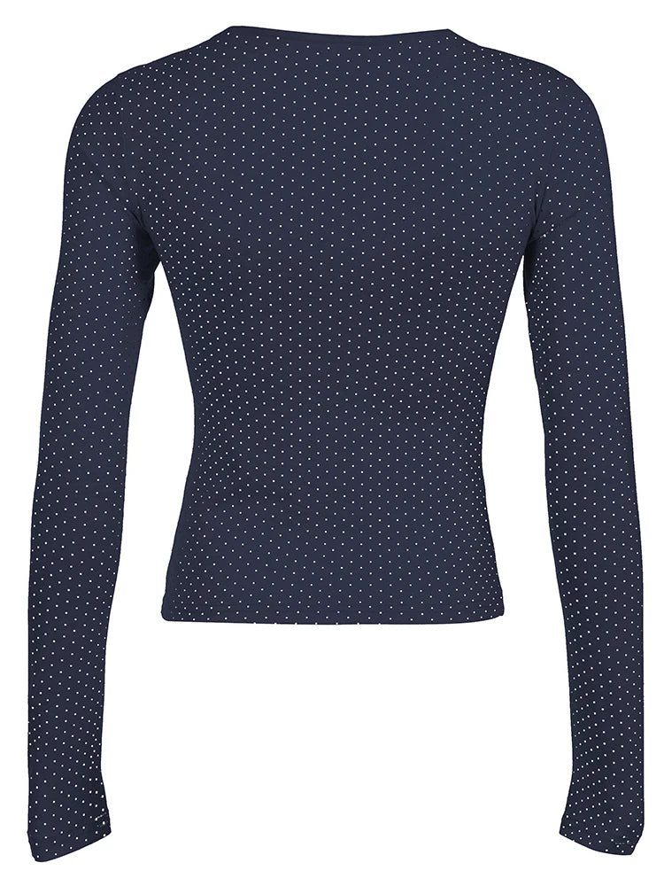 Dot Print Slim Y2K Long Sleeve T-Shirt Women Contrast Lace Patchwork Button Up Square Collar Cute Japanese Kawaii 2000s Tees