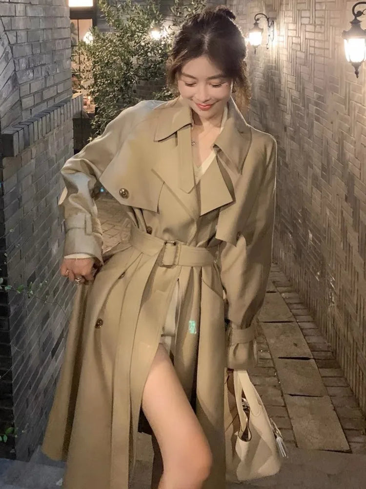 Autumn Winter Khaki Long Trench Coat for Women  Jacket Elegant Outerwear Turn-down Collar Tie Belt Korean Chic Windbreaker