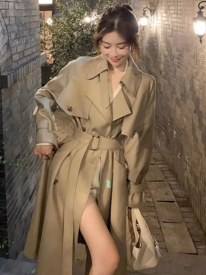 Autumn Winter Khaki Long Trench Coat for Women  Jacket Elegant Outerwear Turn-down Collar Tie Belt Korean Chic Windbreaker