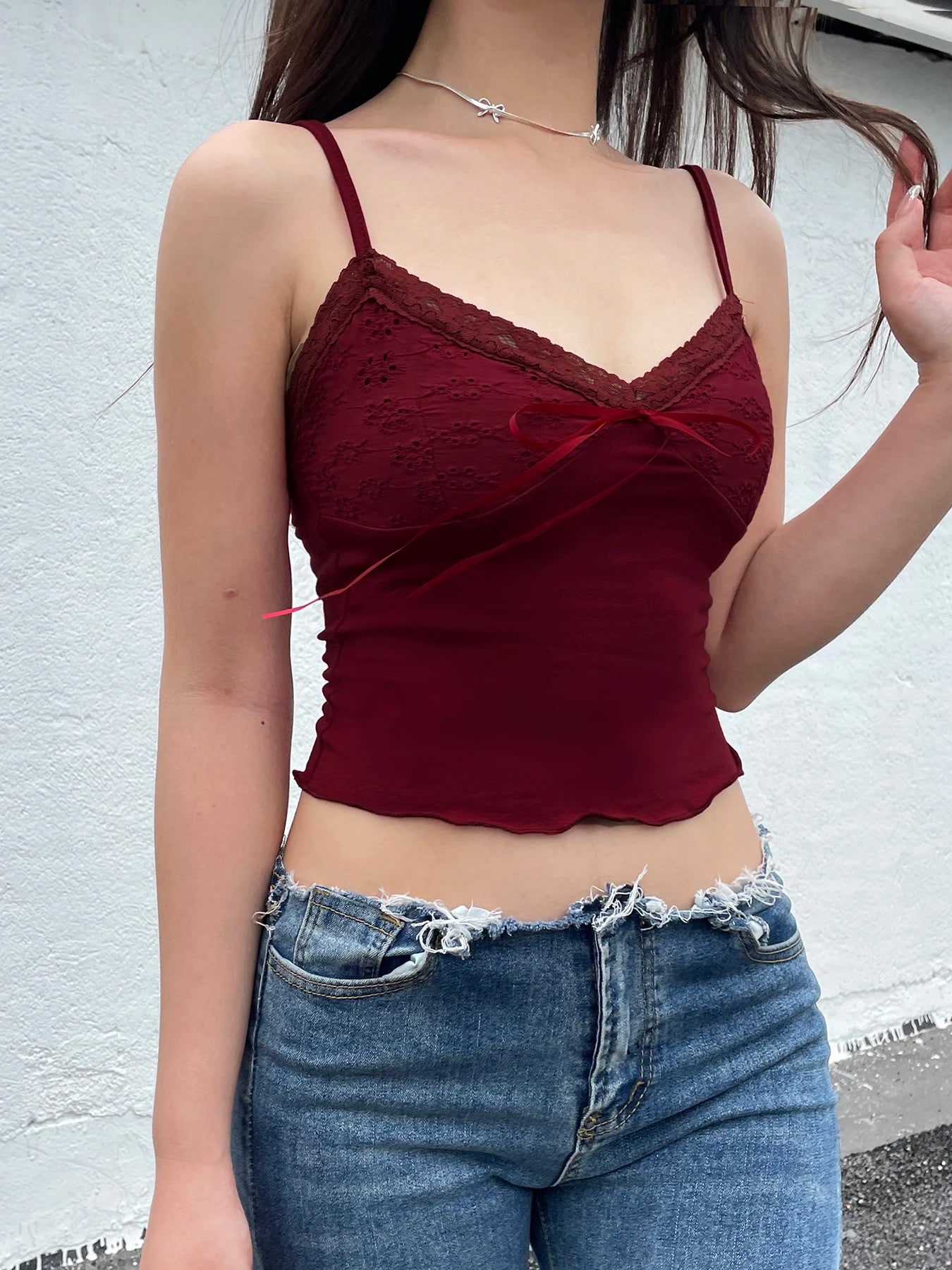 Christmas Red Vintage Elegant Camisole Lace Trim V Neck Tie Bow Sleeveless Slim Cute Crop Top Women Y2K Streetwear Clothes
