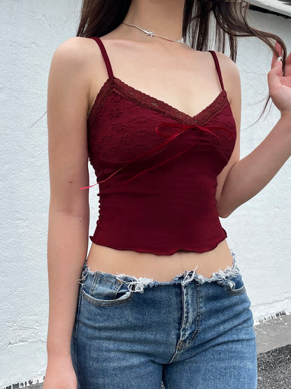 Christmas Red Vintage Elegant Camisole Lace Trim V Neck Tie Bow Sleeveless Slim Cute Crop Top Women Y2K Streetwear Clothes